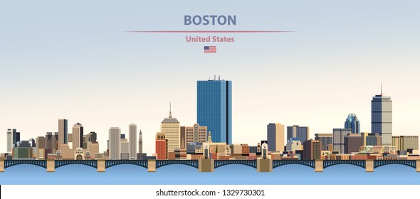 Vector illustration of Boston city skyline on colorful gradient beautiful day sky background with flag of United States