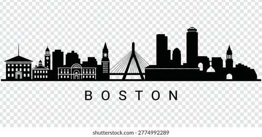 Vector illustration of Boston city skyline silhouette. Detailed cityscape of Boston, Massachusetts, USA, featuring iconic buildings and landmarks.