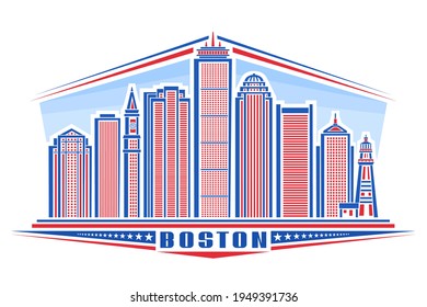 Vector illustration of Boston, horizontal poster with outline design boston city scape on day time background, urban line art concept with unique letters for word boston and decorative stars in a row.