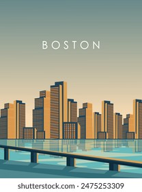 Ilustración vectorial. Boston, Estados Unidos. Póster, Anuncio, postal, diseño de portada. Diseño moderno. Viajes. Turismo.