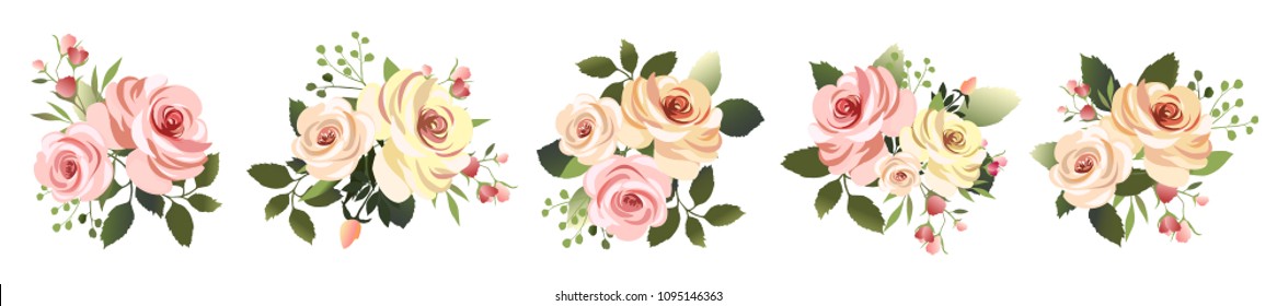 Vector illustration. Botanical collection. Set of romantic bouquets. Flower arrangements of leaves and pink roses .