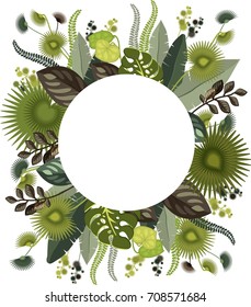 Vector illustration of a botanical composition of various tropical leaves decorate a frame of copy space