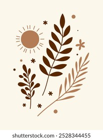 Vector Illustration of Botanical Elements in Earthy Tones: Beige, Brown, Terracotta