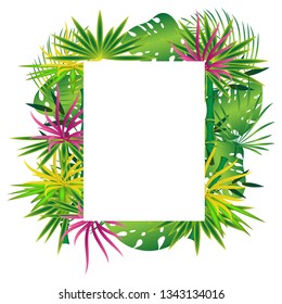 
Vector illustration, botanical frame with jungle leaves and flowers on a white background rectangular