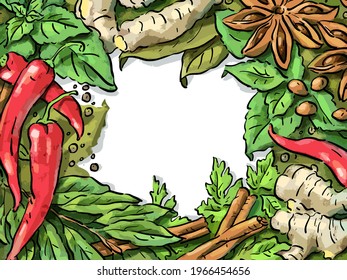 Vector illustration with botanical frame with spices