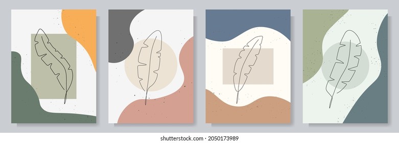 Vector illustration. Botanical natural background set. Foliage line art drawing. Design elements for print, book cover, poster, postcard, layout, flyer, brochure, magazine. Wall art decor. Boho style