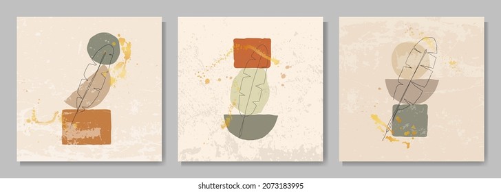 Ilustración vectorial. Marco botánico natural. Dibujo artístico de línea de hoja. Elementos de diseño para banner web, plantilla de medios sociales. Decoración de arte mural. Estilo boho. Textura gruesa con salpicadura de pintura dorada