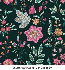 Ilustração vetorial de um padrão botânico em um fundo preto em um estilo decorativo. Adequado para tecidos e papel de parede.