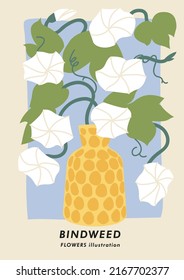 Vector illustration botanical poster with bindweed flowers. Art for postcards, wall art, banner, background.
