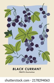 Vector illustration botanical poster with black currant berries. Art for for postcard, wall art, banner, background and cover