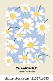 Afiche botánico de ilustración vectorial con flores de camomila. Arte para postales, arte mural, banner, fondo