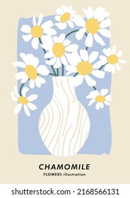 Vector illustration botanical poster with chamomile flowers. Art for postcards, wall art, banner, background