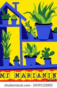 Vektor-Illustration botanisches Poster mit verschiedenen Heimpflanzen und Kakteen. Kunst für Postkarten, Wandkunst, Banner, Hintergrund. Moderne naive groovige funky Innendekorationen