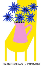 Vector illustration botanical poster with different violet flowers on the yellow chair. Art for for postcards, wall art, banner, background. Modern naive groovy funky interior decorations
