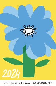Vector illustration botanical poster with light blue daisy flower. Art for for postcards, wall art, banner, background. Modern naive groovy funky interior decorations