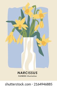 Vector illustration botanical poster with narcissus flowers. Art for postcards, wall art, banner, background