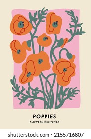 Vector illustration botanical poster with poppy flowers. Art for for postcards, wall art, banner, background