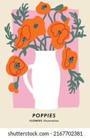 Vector illustration botanical poster with poppy flowers. Art for for postcards, wall art, banner, background