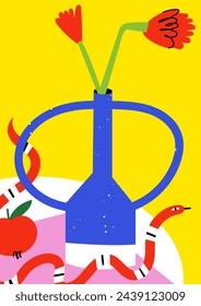 Vector illustration botanical poster with red tulips flowers and snake. Art for for postcards, wall art, banner, background. Modern naive groovy funky interior decorations