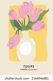 Vector illustration botanical poster with tulip flowers. Art for postcards, wall art, banner, background