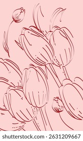 Cartel botánico de Ilustración vectorial con tulipanes. Arte para postales, arte de la pared, Anuncio, fondo. Fondo rosa 