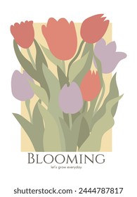 Ilustración vectorial - cartel botánico de tulipanes y hojas con texto motivacional. Primavera, diseño de arte de pared de moda.