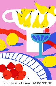 Vector illustration botanical poster with vase of pears and plate of cherries fruits. Art for for postcards, wall art, banner, background. Modern naive groovy funky interior decorations