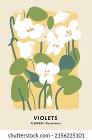 Cartel botánico de ilustración vectorial con flores violetas. Arte para postales, arte mural, banner, fondo
