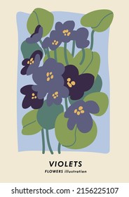 Vektorgrafik botanisches Poster mit violetten Blumen. Kunst für Postkarten, Tapete, Banner, Hintergrund