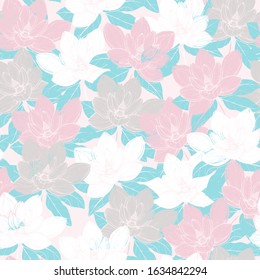 Vector illustration botanical seamless pattern with white anise magnolia flower. Simple minimalistic hand drawn design. Greeting card spring and summer design wallpaper and fabric