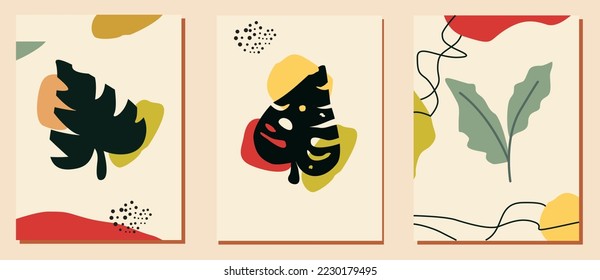 Vector illustration of botanical wall art set. Minimal and natural wall art. Boho foliage line art drawing with abstract shape. Abstract plant art design for print, wallpaper, cover, wall decoration