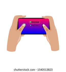 
Vector illustration of both hands holding a mobile phone and downloading game.