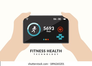 vector illustration of both hands holding fitness activity tracker with smart phone