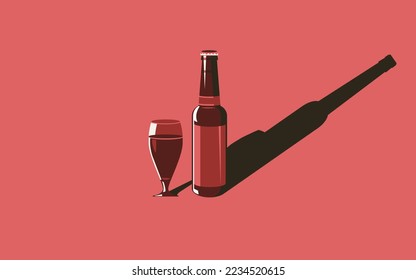 Vector illustration of a bottle of beer and a glass of beer in a minimal style.