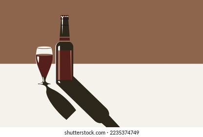 Vector illustration of a bottle of beer and a glass of beer in a minimal style.