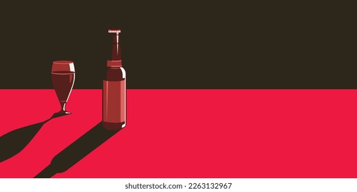 Vector illustration of a bottle of beer and a glass of beer in a minimal style.