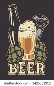 Vector illustration with a bottle of beer and hop cones. All items are in separategroups. 
