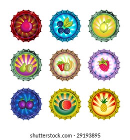 Vector illustration of bottle caps set, decorated with different fruits.