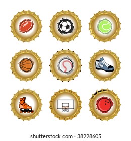 Vector illustration of bottle caps set, decorated with different objects related to sport.