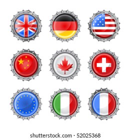 Vector illustration of bottle caps set, decorated with the flags of different countries