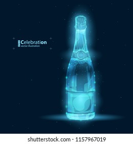 Vector illustration of bottle of champagne. Draw from lines and dots. Glow transparent object. Wireframe geometry on dark blue background.