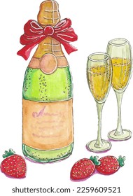 vector illustration bottle of champagne with glasses and strawberries	