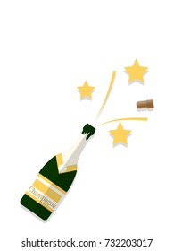 Vector Illustration of bottle of champagne popping its cork and splashing with golden star on white background. Design in a flat style.
