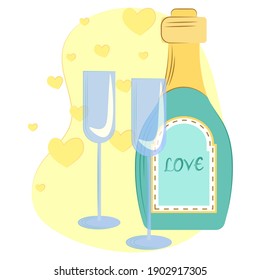 Vector  illustration bottle of champagne and two glasses, on a yellow background with globes. vector composition for the holidays. 