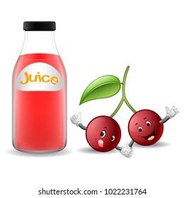 vector illustration of Bottle of cherry juice with cute cherry cartoon