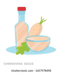 Vector illustration of a bottle with chrenovina souce and horseradish. Food additive on a white background.