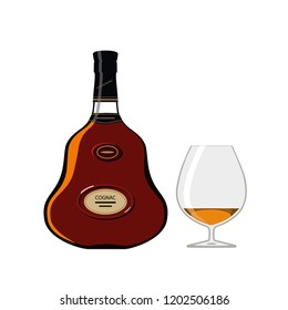  Vector Illustration Of Bottle Of Cognac With Glass Isolated On White Background