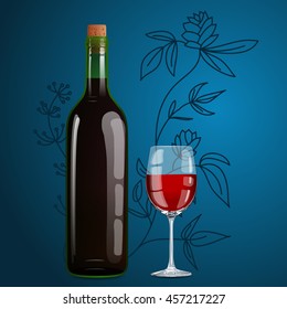 Vector illustration of bottle, cork, wine, glass. All the elements apart from each other.