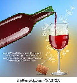 Vector illustration of bottle, cork, wine, glass. All the elements apart from each other. Bottle in the mask.
