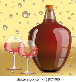 Vector illustration of bottle, cork, wine, glass. All the elements apart from each other.